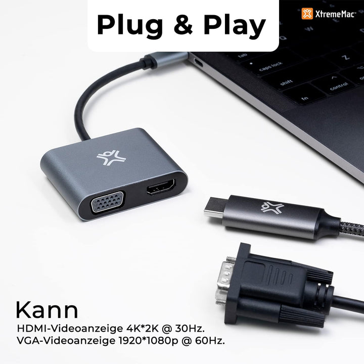 XtremeMac USB-C zu HDMI &amp; VGA Adapter, Dual Display, 4K Ultra HD (HDMI) und Full HD (VGA), MacBook P