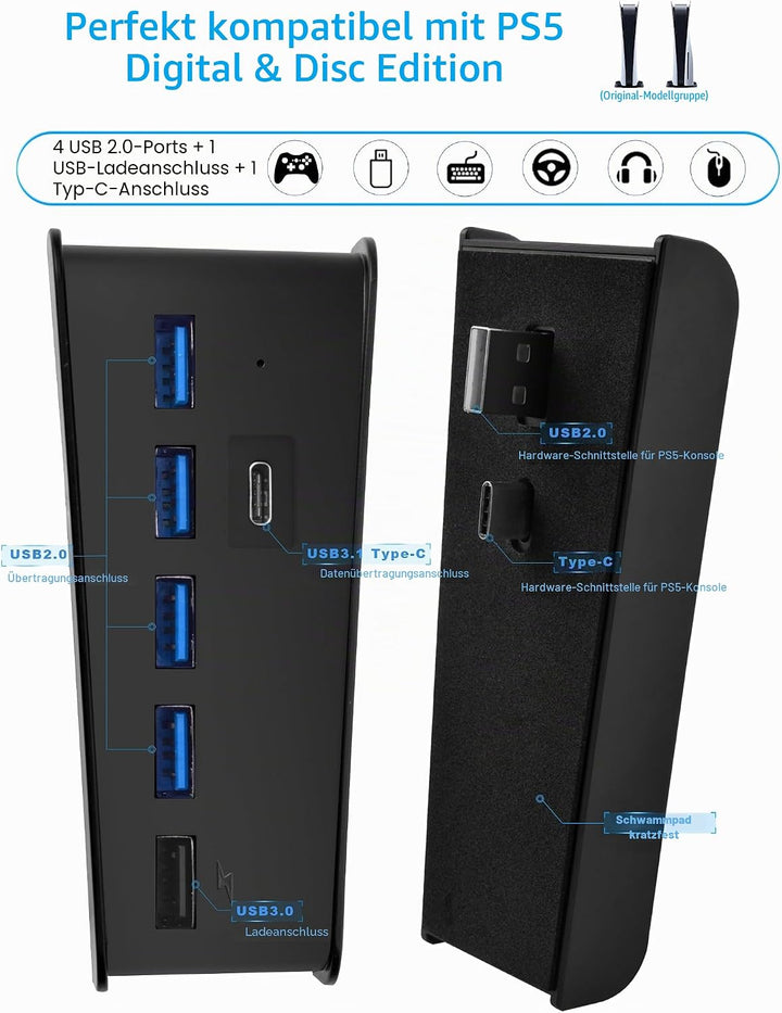 5-Port USB Hub für PS5 Konsole, Arvin USB 3.1 Schnelle Geschwindigkeit Laden Ladeadapter mit 4 USB-2
