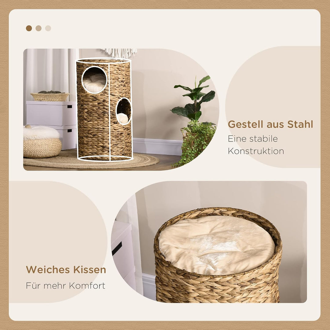 PawHut Kratztonne, 73 cm hoch Katzentonne mit 3 Höhle, Kratzbaum mit Kissen, Katzenturm aus Wasserhy