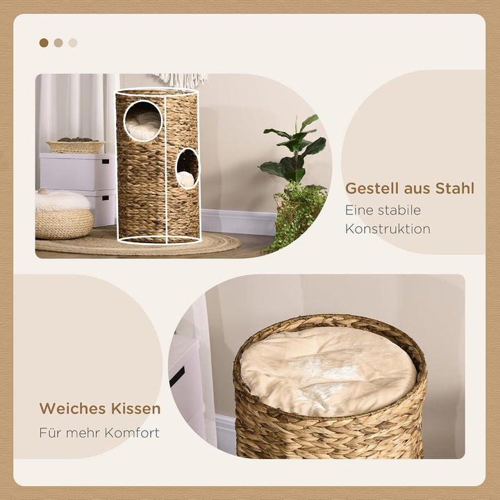 PawHut Kratztonne, 73 cm hoch Katzentonne mit 3 Höhle, Kratzbaum mit Kissen, Katzenturm aus Wasserhy