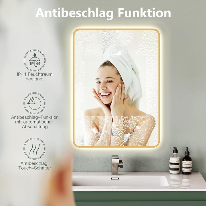 Badspiegel Led Beleuchtung Rechteck 70x100/100x70cm, Wandspiegel mit Antibeschlag und mit Touch Scha
