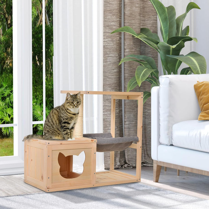 PawHut Katzenhöhle, Katzenbett mit Hängematte, Sisalstamm, Plattform Katzenhaus aus Holz Kratzbaum f