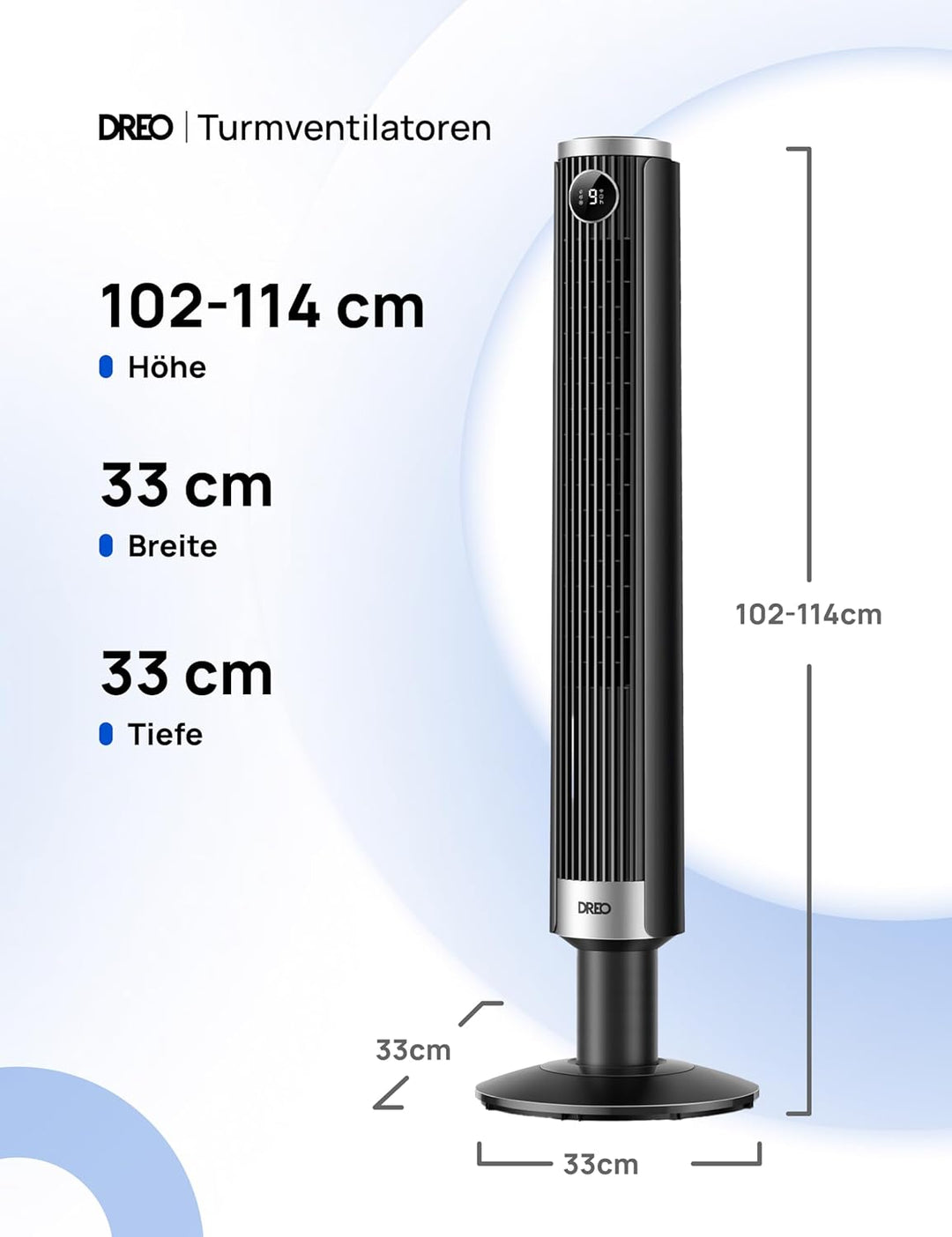 DREO Smart 102–114cm Turmventilator fürs Schlafzimmer, Höhenverstellbar, 8.4m/s, DC-Motor, 9 Stufen,