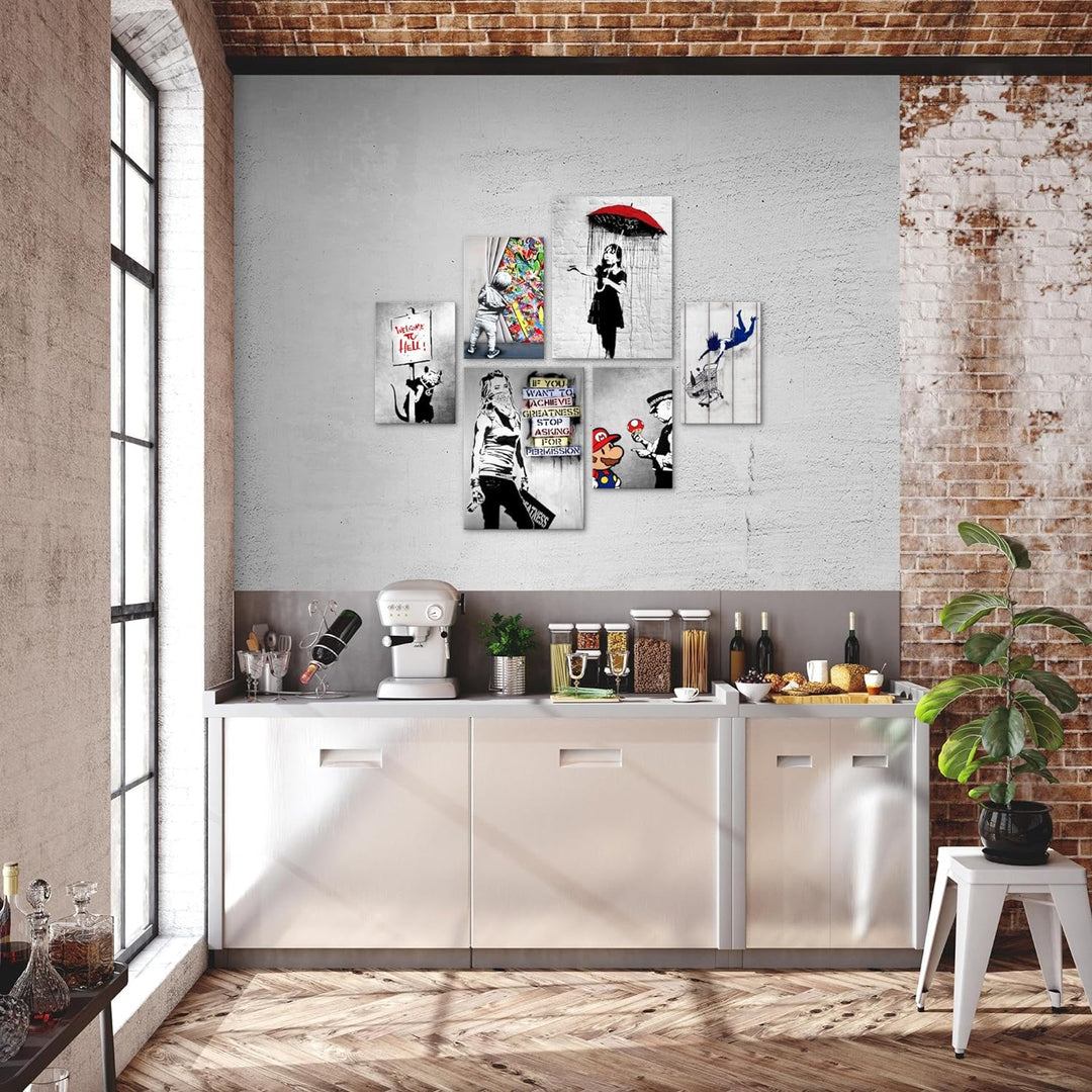 Novart Bilder Set - AUFHÄNGFERTIG - KEIN EXTRA RAHMEN BENÖTIGT - Banksy Collage Modern Street Art -