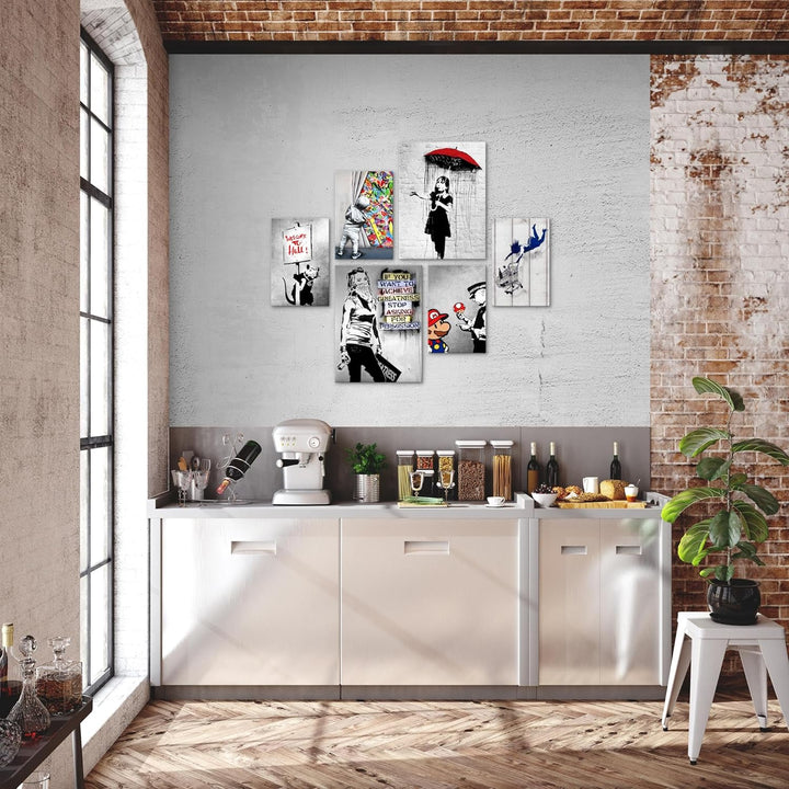Novart Bilder Set - AUFHÄNGFERTIG - KEIN EXTRA RAHMEN BENÖTIGT - Banksy Collage Modern Street Art -