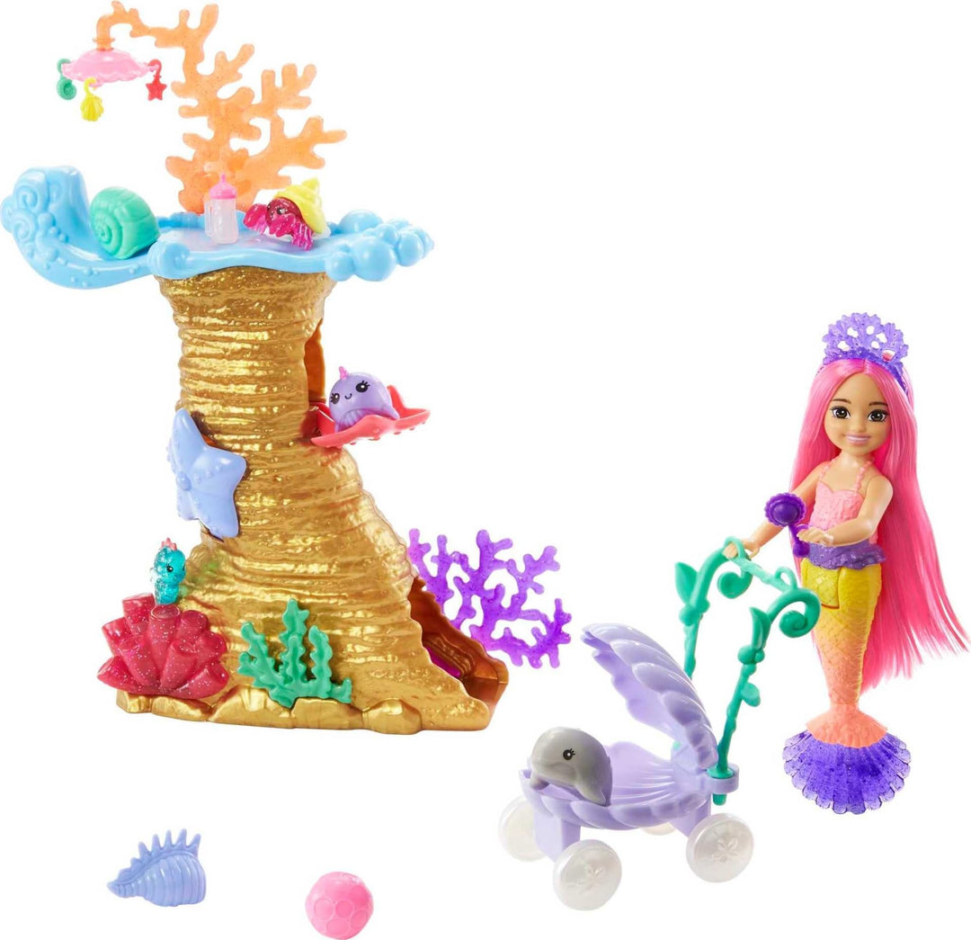 Barbie HHG58 - Meerjungfrauen Power Chelsea Meerjungfrau Puppe (Pinke Haare) Spielset mit 4 Haustier
