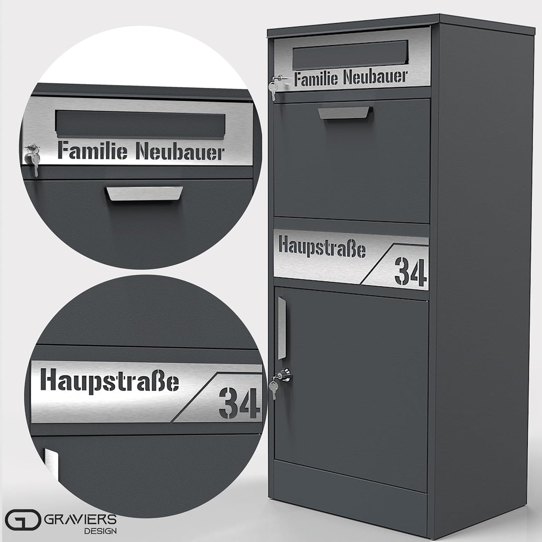 Graviers Design Paketbriefkasten mit Brieffach personalisiert freistehend - Edelstahl Namensschild H