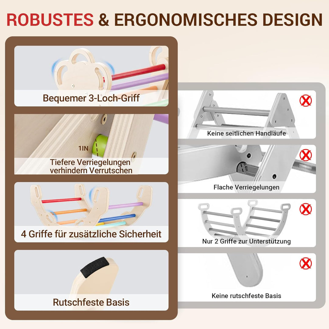 COSYLAND Klettergerüst Indoor L – Grosses Kletterdreieck Set mit Kletterbogen & Rutsche – 8-in-1 Mas