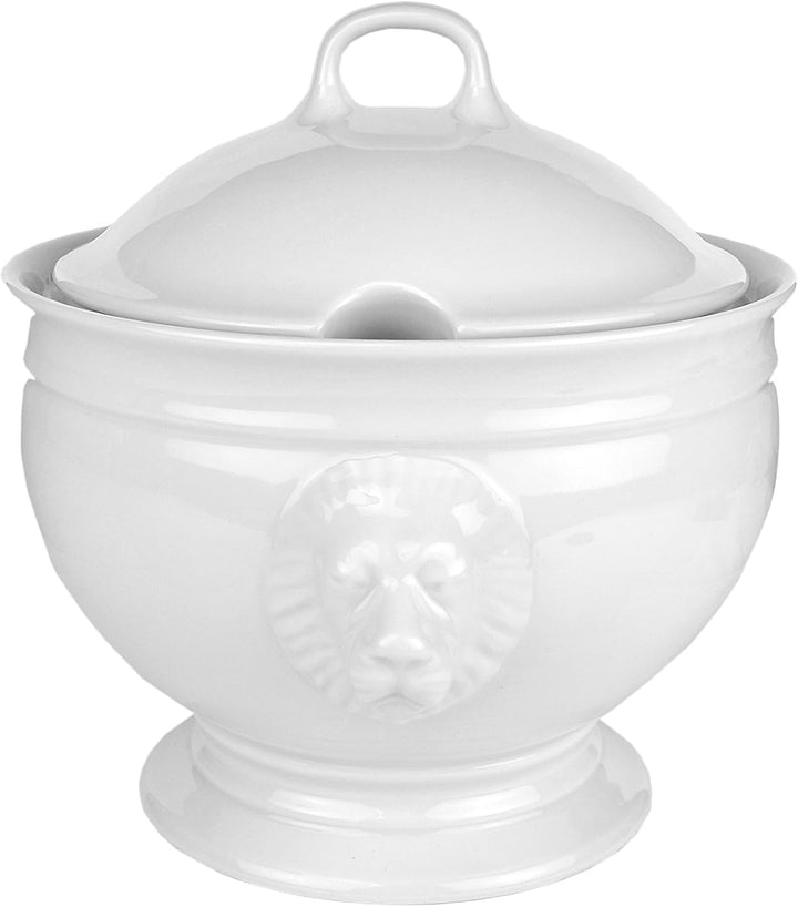 Van Well Set Löwenkopfterrine mit Deckel Porzellan 2,75 Liter & 6 Suppenschalen 0,4 Liter weiss – Kl