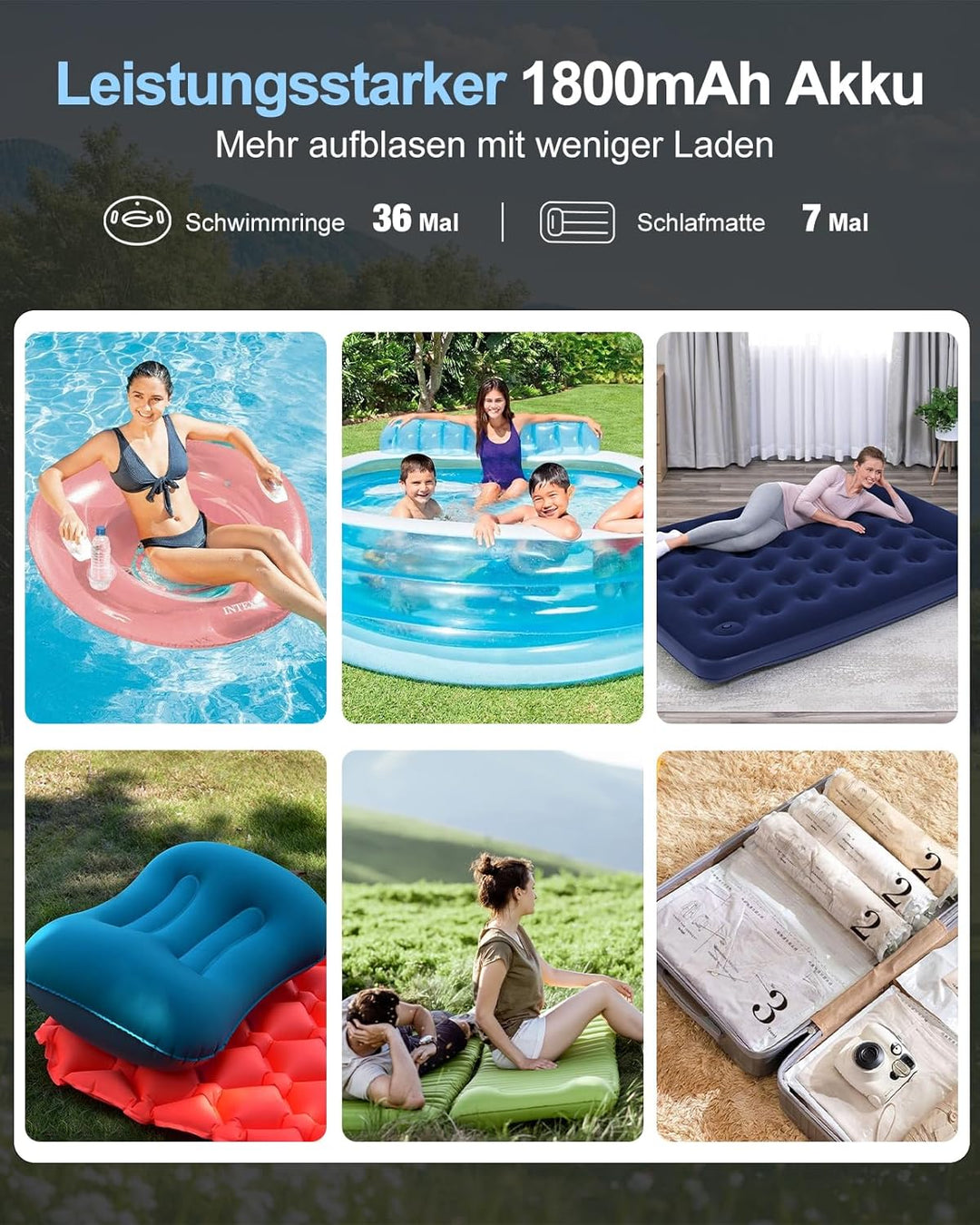 Elektrische Luftpumpe mit Akku für Luftmatratzen, Luftbetten, Vakuumbeutel Kleidung | 5 Düsen &amp; Camp