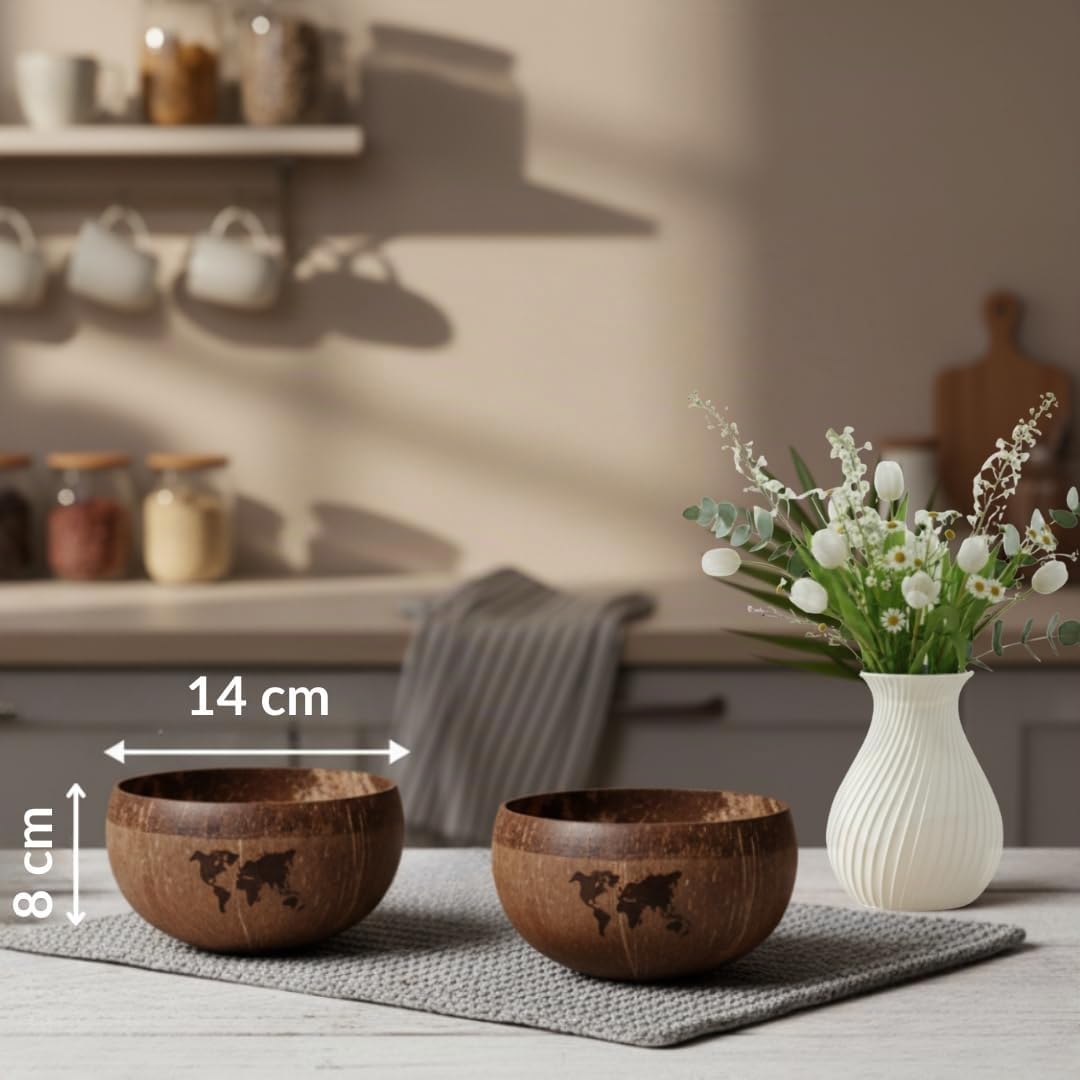 Kokosnuss Bowls - 2er Set Müslischalen, Smoothie Kokosnuss Schalen mit Anti-Kipp-Ring &amp; Holzlöffel –