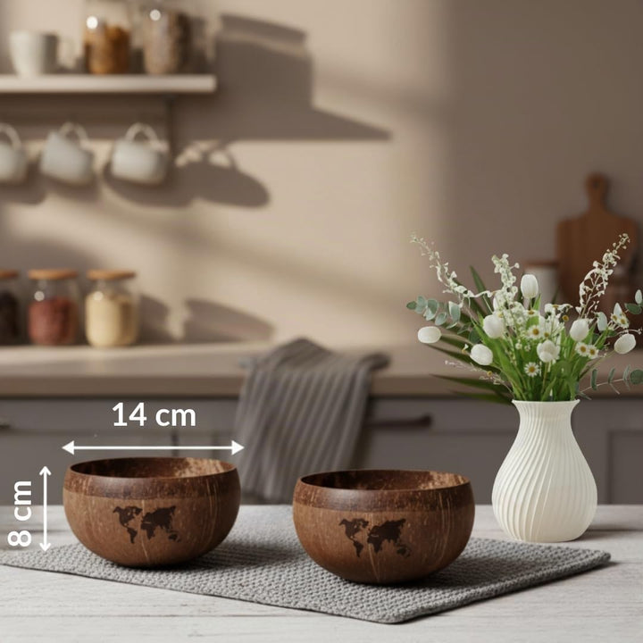 Kokosnuss Bowls - 2er Set Müslischalen, Smoothie Kokosnuss Schalen mit Anti-Kipp-Ring &amp; Holzlöffel –
