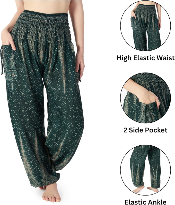 Lannaclothesdesign Damen Haremshose mit gesmokter Taille, Boho, fliessend, Hippie-Kleidung S Grün, S