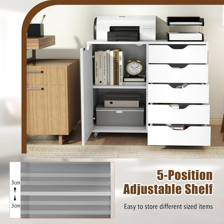 GIANTEX Rollcontainer mit 5 Schubladen & Schrank, Aktenschrank mit Rollen, Schubladenschrank Holz, D