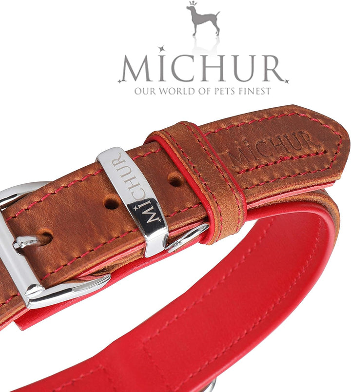 MICHUR Charly Hundehalsband Leder Braun Rot, Lederhalsband Hund, Halsband, Leder, in verschiedenen G