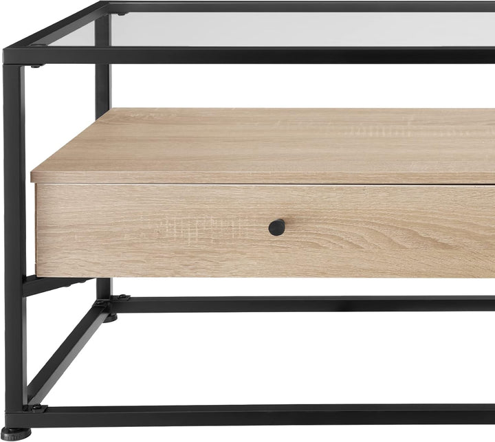 tectake® Lowboard mit 2 Schubladen und Ablagen, 121,5 x 41,5 x 50,5 cm, Fernsehtisch mit Glasplatte,