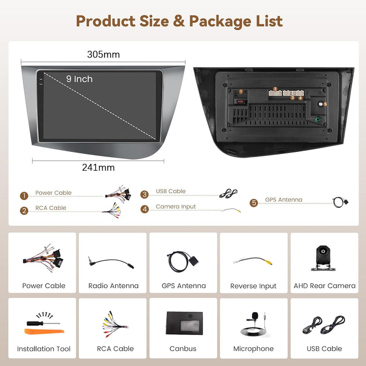 Hikity Android 15 4+128G Autoradio für Seat Leon MK2 2005-2012 mit 9 Zoll Incell Touchscreen, Autora