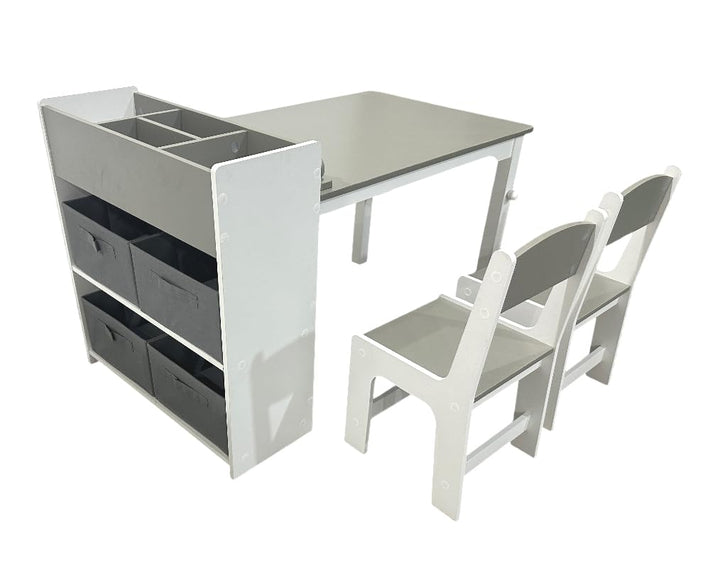habeig Kinderzimmer Möbelset, MDF Tisch mit 2 Stühlen und Regalschrank in Grau/Weiss, 4 Stoffkörbe,