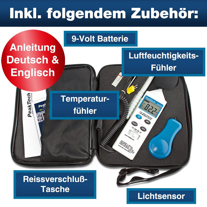 Peak Tech P 5035 – 4 in 1 Multifunktions Umweltmessgerät zur Messung von Schall, Temperatur, Luftfeu