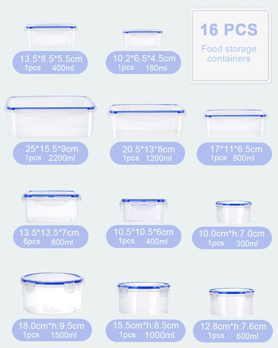 Frischhaltedose mit Deckel 32 tlg Set (16 Behälter+16 Deckel) Wiederverwendbar Auslaufsicher Vorrats