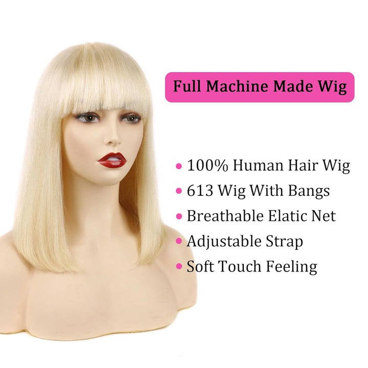 Huarisi 10 Inch Bonde Straight Human Hair Bob Wigs with Bangs 613 Short Bob Wig with Fringe None Lac
