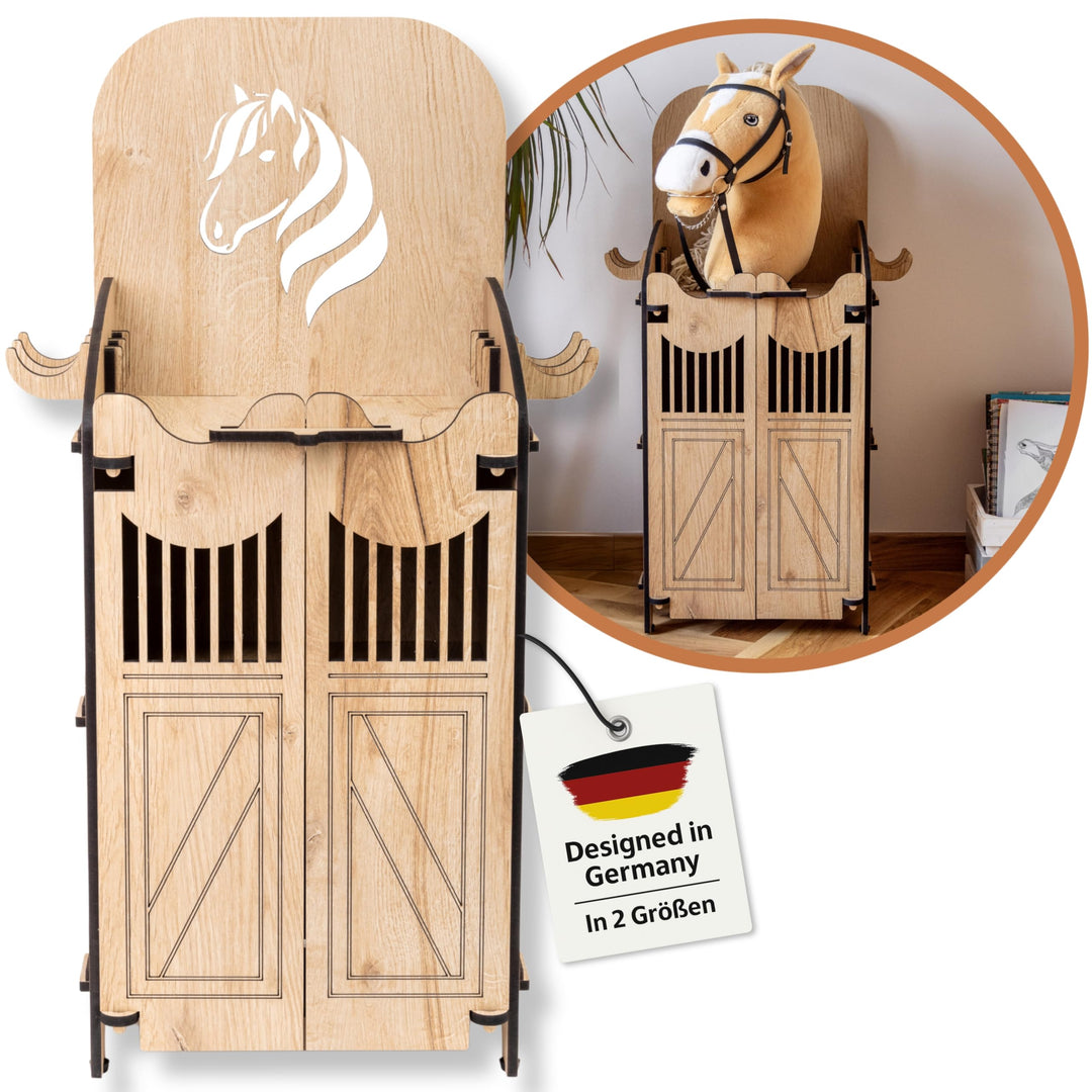 Hobby Horse Stall 1 Pferd – Kompakte Halterung für Steckenpferd | Hochwertiger Hobby Horsing Holzsta