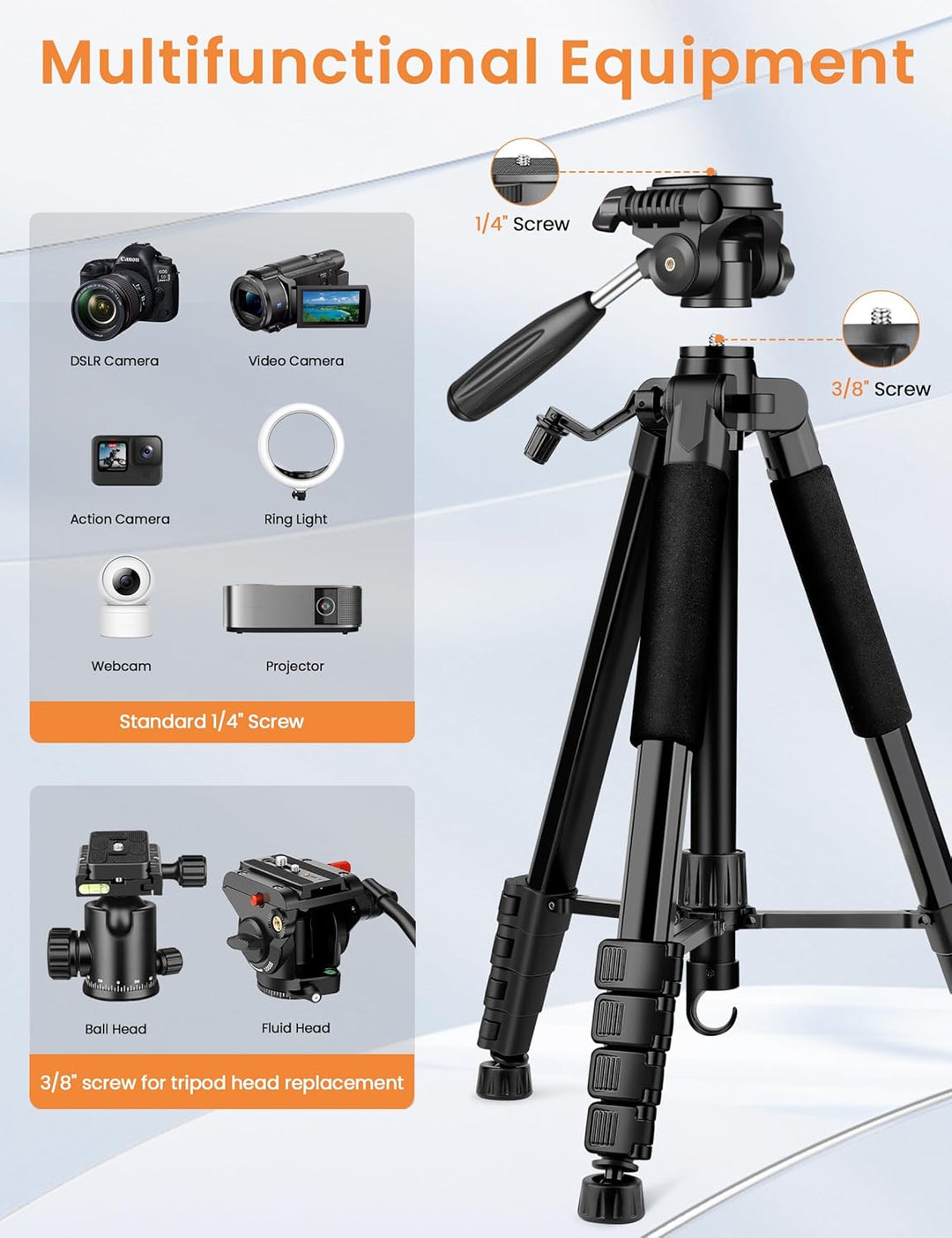 JOILCAN Kamerastativ für Canon Nikon, DSLR-Stativ, Kamerastativ mit Universal-Handyhalterung 74.5inc