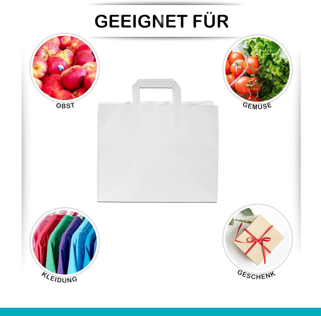 Commerline Papiertüten 250 Stück, Weiss, 32+22x25 cm | Kraftpapier Tüten Klein Mit Henkel | Tragetas