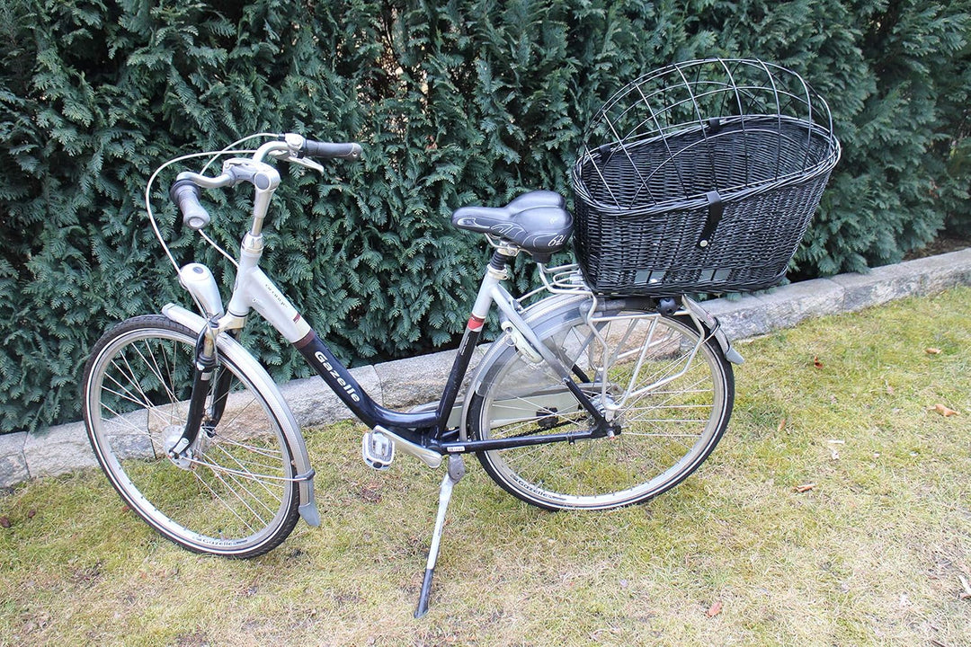 Hundefahrradkorb für Gepäckträger aus Weide mit Metallgitter XXL Schwarz Gepäckträgerkorb Weidenkorb