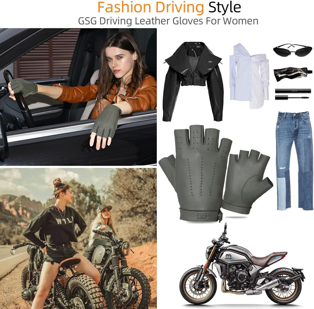 GSG SINCE 1998 Halbfinger Lederhandschuhe Damen – Fingerlose Fahrhandschuhe aus weichem Schafsleder,