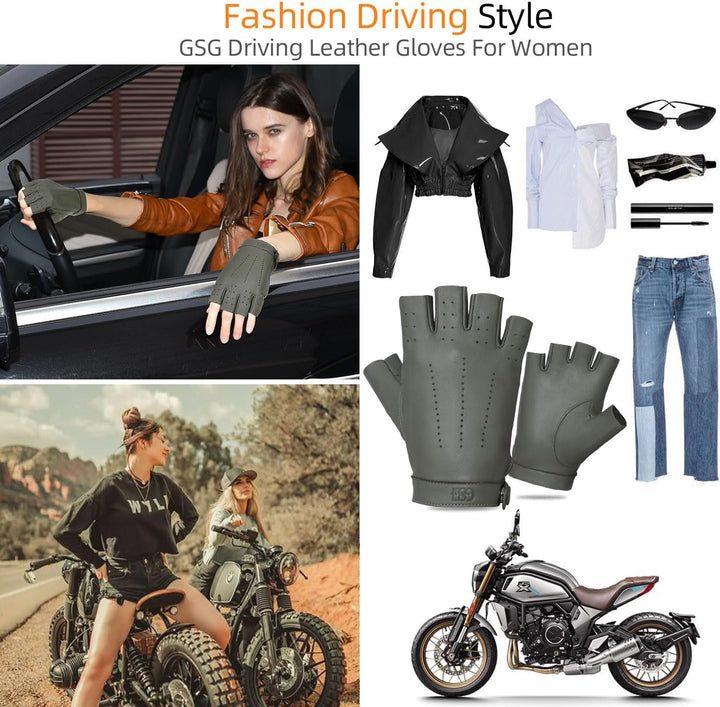 GSG SINCE 1998 Halbfinger Lederhandschuhe Damen – Fingerlose Fahrhandschuhe aus weichem Schafsleder,