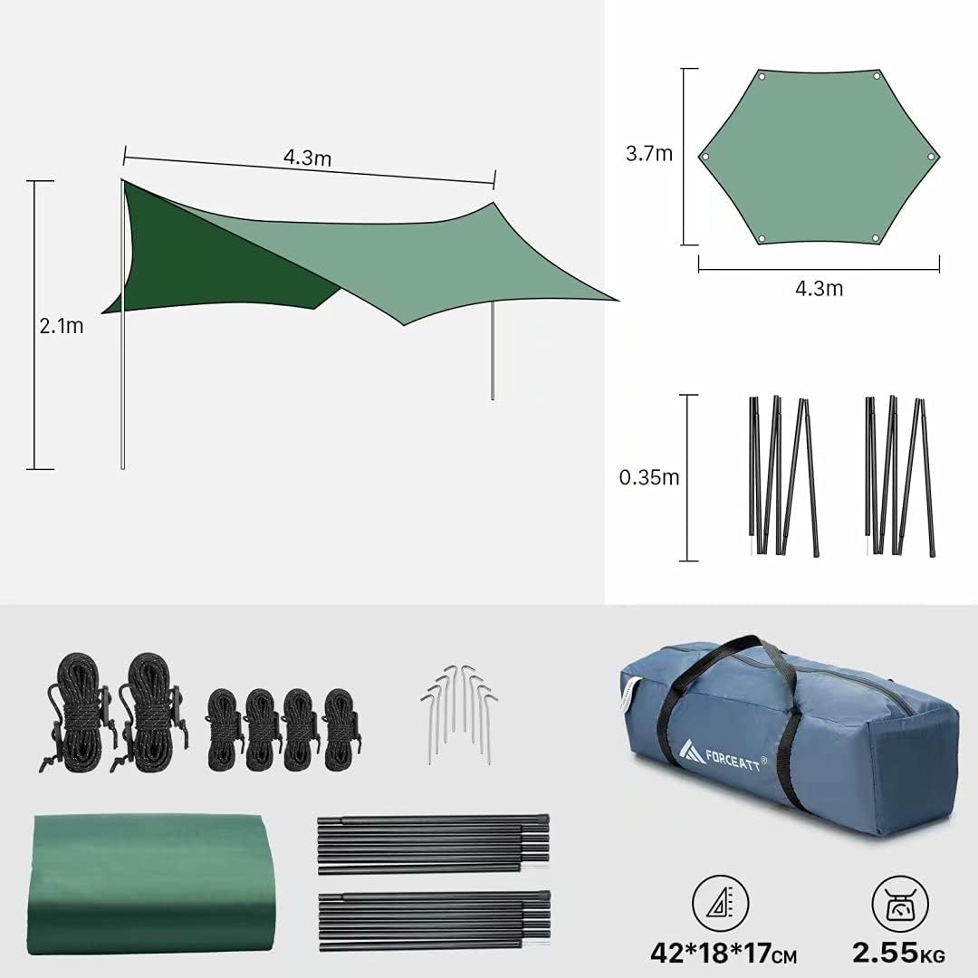 Forceatt Zeltplane, 3,7 * 4,3 m Tarp Ultraleicht mit 6 Umreifungspunkten, Anti-UV & wasserdicht Tarp