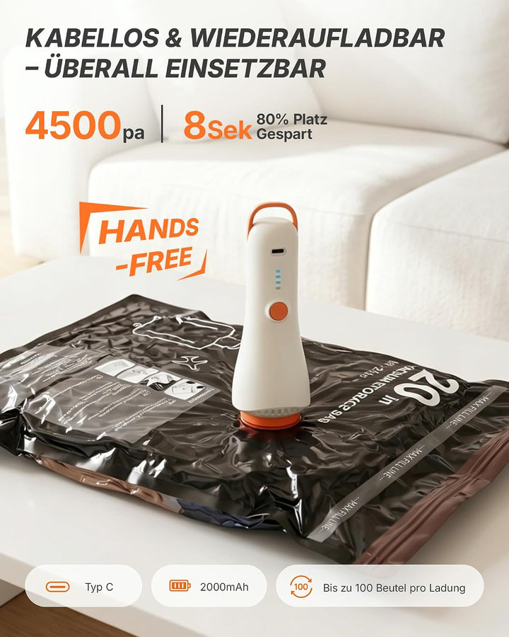 Vakuumbeutel mit kabelloser Elektropumpe – 20 Stück (8*54x40, 8*64x47, 4*74x54cm) , platzsparende Va
