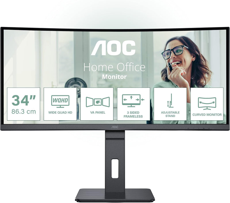 AOC CU34P3CV - 34 Zoll WQHD Curved Monitor, höhenverstellbar, Lautsprecher (3440x1440, 100 Hz, HDMI,