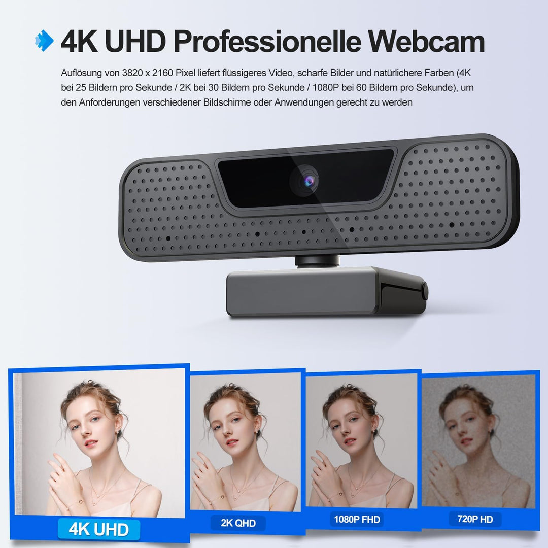 ToLuLu 4K Auto Focus Webcam for PC, 4 AI Noise Cancelling Microphones, UHD Webcam, Automatic Light C