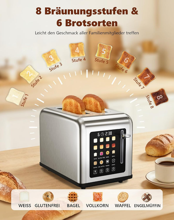 Toaster 2 Scheiben, Edelstahl Langschlitztoaster mit Smart Touchscreen & LED-Countdown, 8 Bräunungss