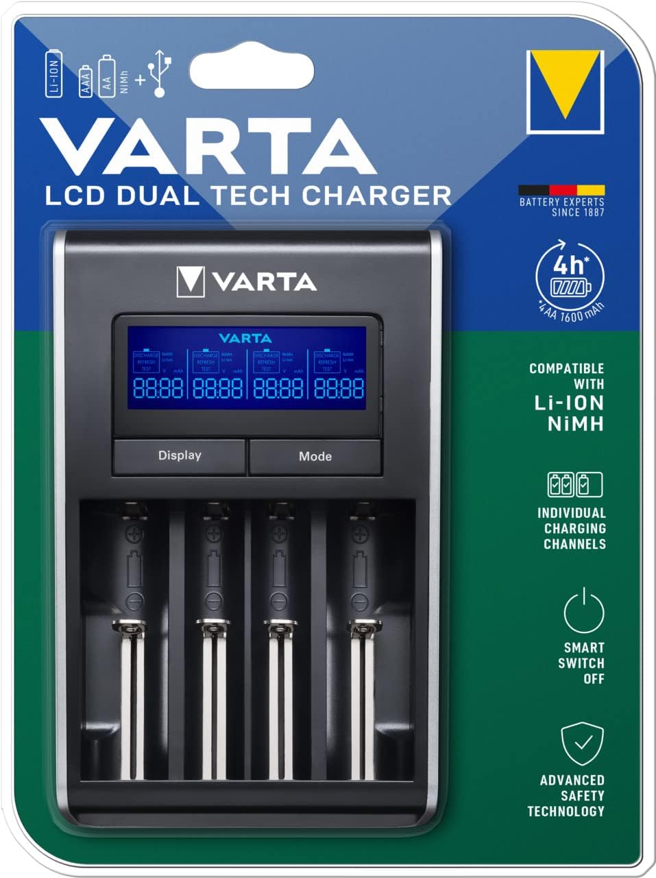 VARTA Akku Ladegerät, Batterieladegerät für AA/AAA, Dual Tech Charger, 4 Lademodi, Temperaturkontrol