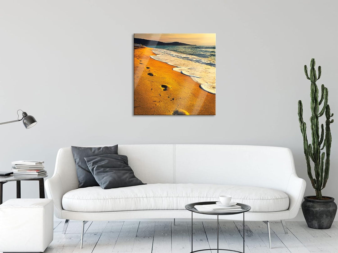 Glasbild | Wandbild auf Echtglas | Fussabdrücke im Strand | 50x50 cm | inkl. Aufhängung und Abstands