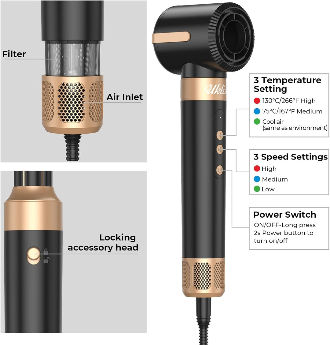 Airstyler Warmluftbürste 7 in 1, UKLISS 1400W Hairstyler Haartrockner mit Rundbürstenföhn Föhnbürste