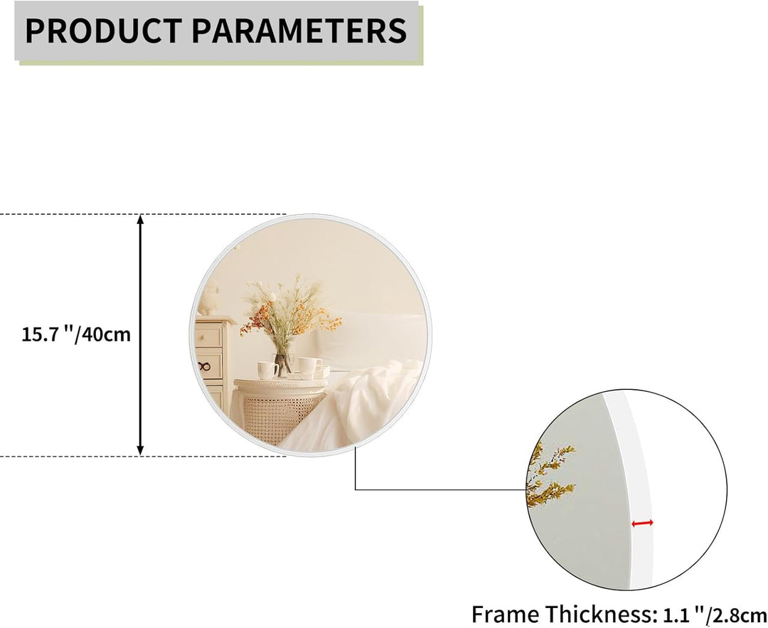 Wandspiegel 40cm mit weissem Rahmen, moderner runder Hängespiegel für Badezimmer Schlafzimmer Wohnzi