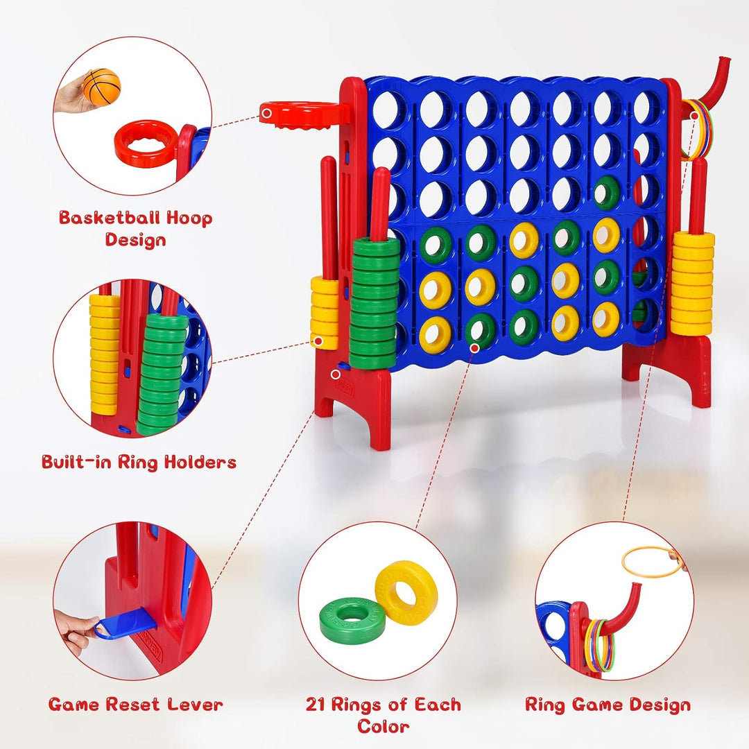 Riesiges 4 Gewinnt Spielset mit Wurfspiel und Basketballkorb, inkl. 42 Jumbo Ringen und Schieberegle
