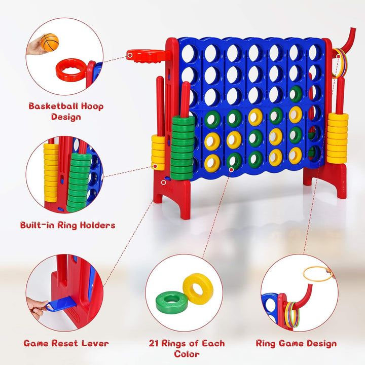 Riesiges 4 Gewinnt Spielset mit Wurfspiel und Basketballkorb, inkl. 42 Jumbo Ringen und Schieberegle