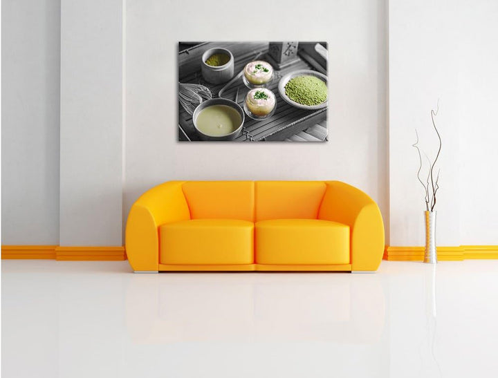 Pixxprint schön dekorierter Matcha Tee als Leinwandbild/Grösse: 100x70 / Wandbild/Kunstdruck/fertig