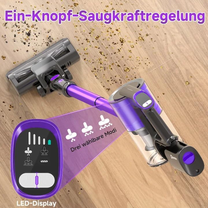 Hearten Akku Staubsauger Kabellos mit LED Display, Leise, 3 Betriebsarten, Kabelloser Staubsauger mi