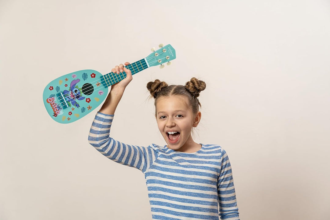 Lexibook, Disney Stitch, Meine erste Holz-Ukulele, 4 Nylonsaiten, 53 cm, inklusive Anleitung, Blau,
