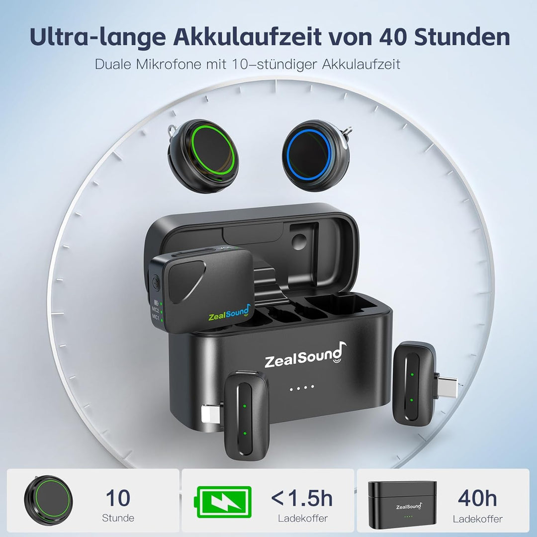 zealsound Kabellos Lavalier Mikrofon für iPhone/Kamera/Android/PC - 48KHz 24bits Hi-Fi-Audio, 40H La