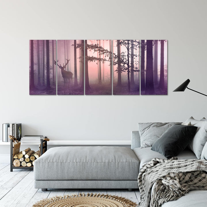 Runa Art Wandbild XXL Wald Hirsch Schlafzimmer Wohnzimmer 200 x 80 cm Rosa 5 Teilig - Made in German
