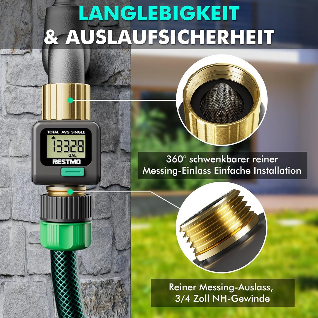 RESTMO Wasserdurchflussmesser mit Messing-EIN- und Auslassanschlüssen, Messung in Gallone/Liter für