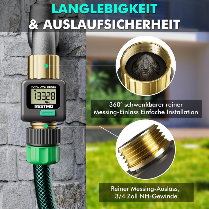 RESTMO Wasserdurchflussmesser mit Messing-EIN- und Auslassanschlüssen, Messung in Gallone/Liter für