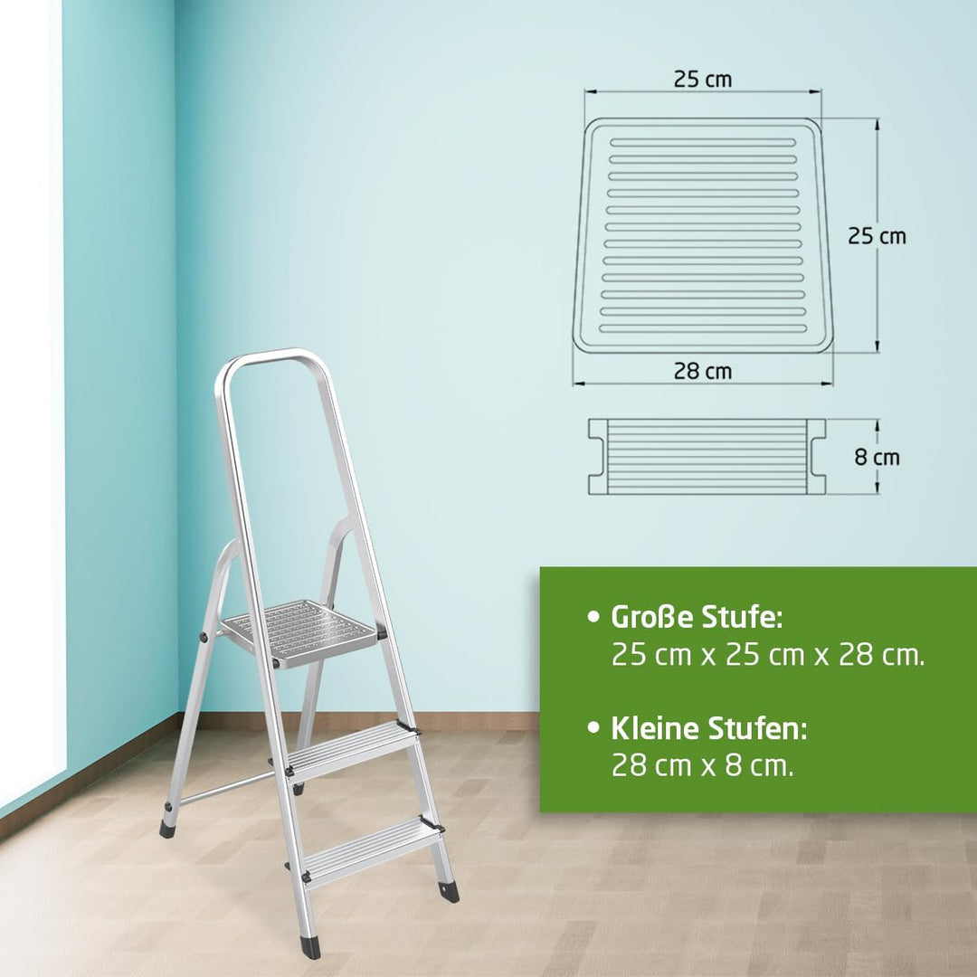 Amig - Klappbare Leiter mit 3 Stufen - Hergestellt aus Aluminium - Masse der kleinen Stufen: 28 cm x